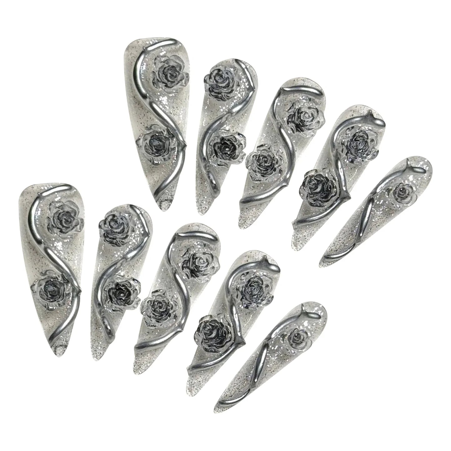 10pcs Long Stiletto Press On Nails Handmade 3D Sliver Rose Flower Decor False Nail Tips Transparent Sequins Removable Fake Nails