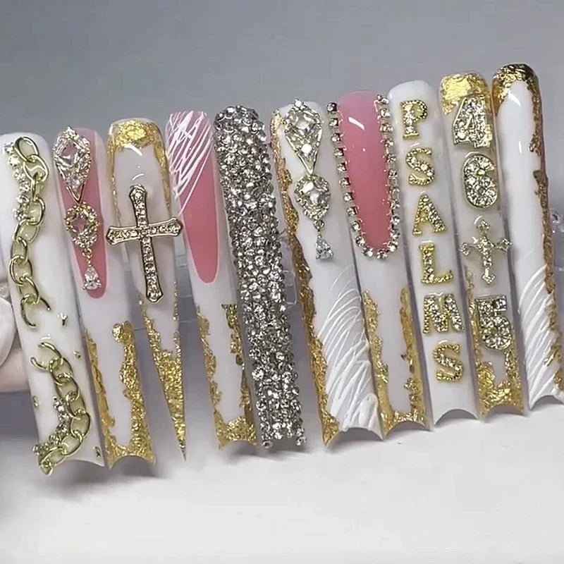 10PCS Handmade 5CM Long Stiletto Press On Nails Flower  Acrylic False Nails Tips Red Fake Nail With Glue Stickers Nail Supplies