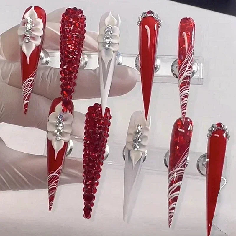 10PCS Handmade 5CM Long Stiletto Press On Nails Flower  Acrylic False Nails Tips Red Fake Nail With Glue Stickers Nail Supplies