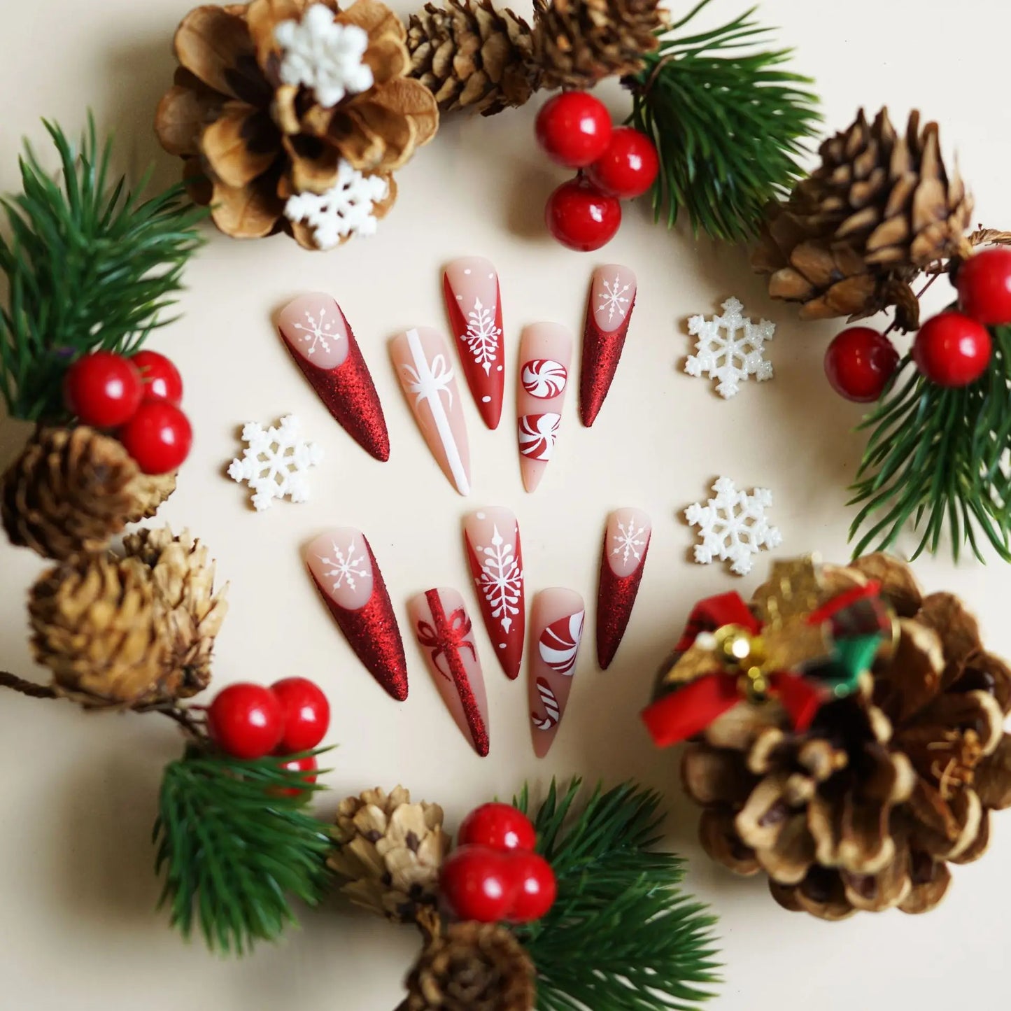 24pcs Christmas Fake Nails Long Stiletto Press On Acrylic Nails Almond Glitter Red French False Nails White Snowflake Wearable