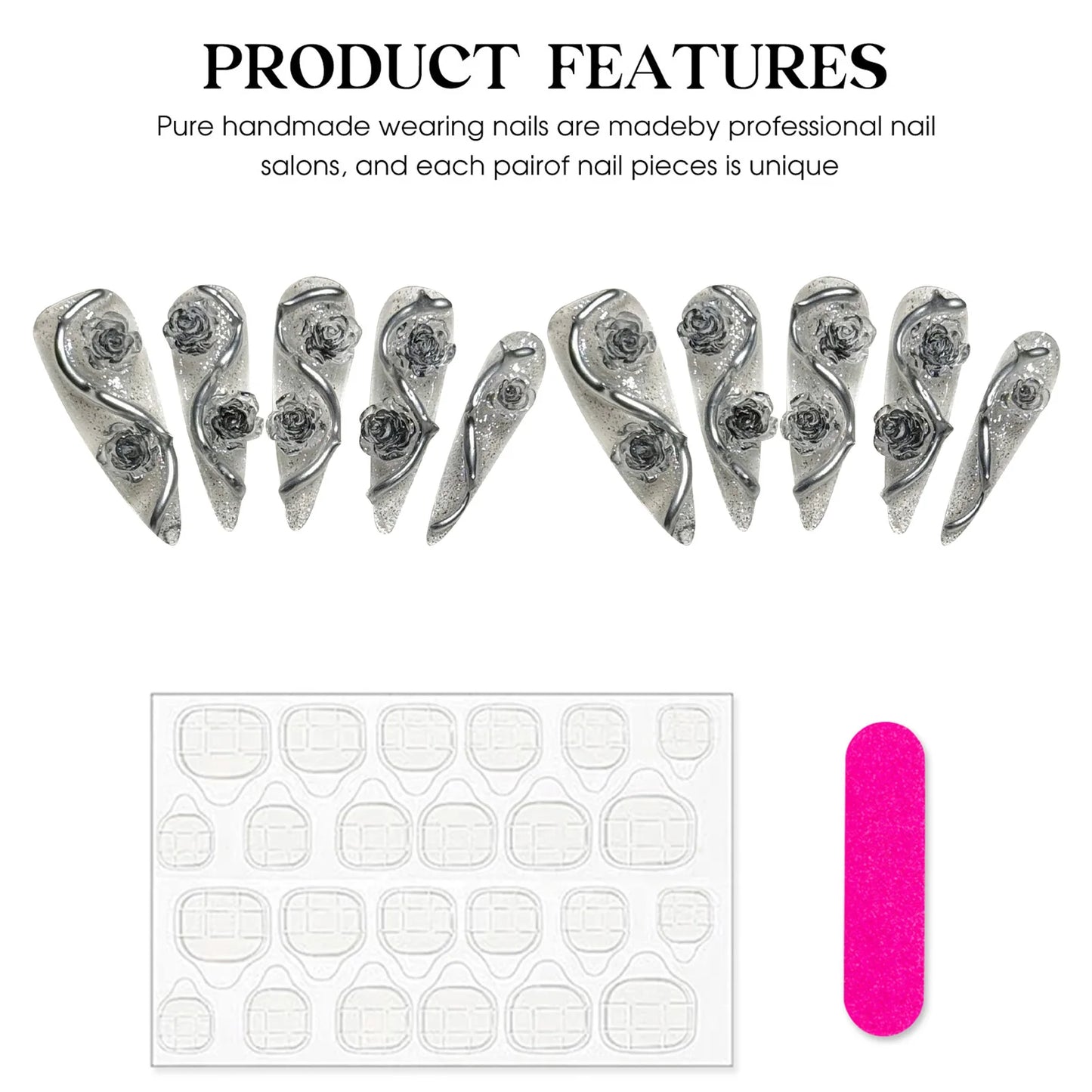 10pcs Long Stiletto Press On Nails Handmade 3D Sliver Rose Flower Decor False Nail Tips Transparent Sequins Removable Fake Nails