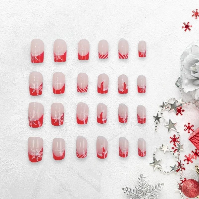 Christmas Press on Nails Medium Square False Nails French Tip Nail Stick on Nails with Snowflake Acrylic Nail