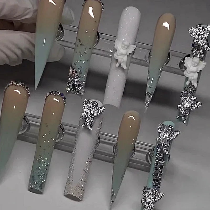 10PCS Handmade 5CM Long Stiletto Press On Nails Flower  Acrylic False Nails Tips Red Fake Nail With Glue Stickers Nail Supplies