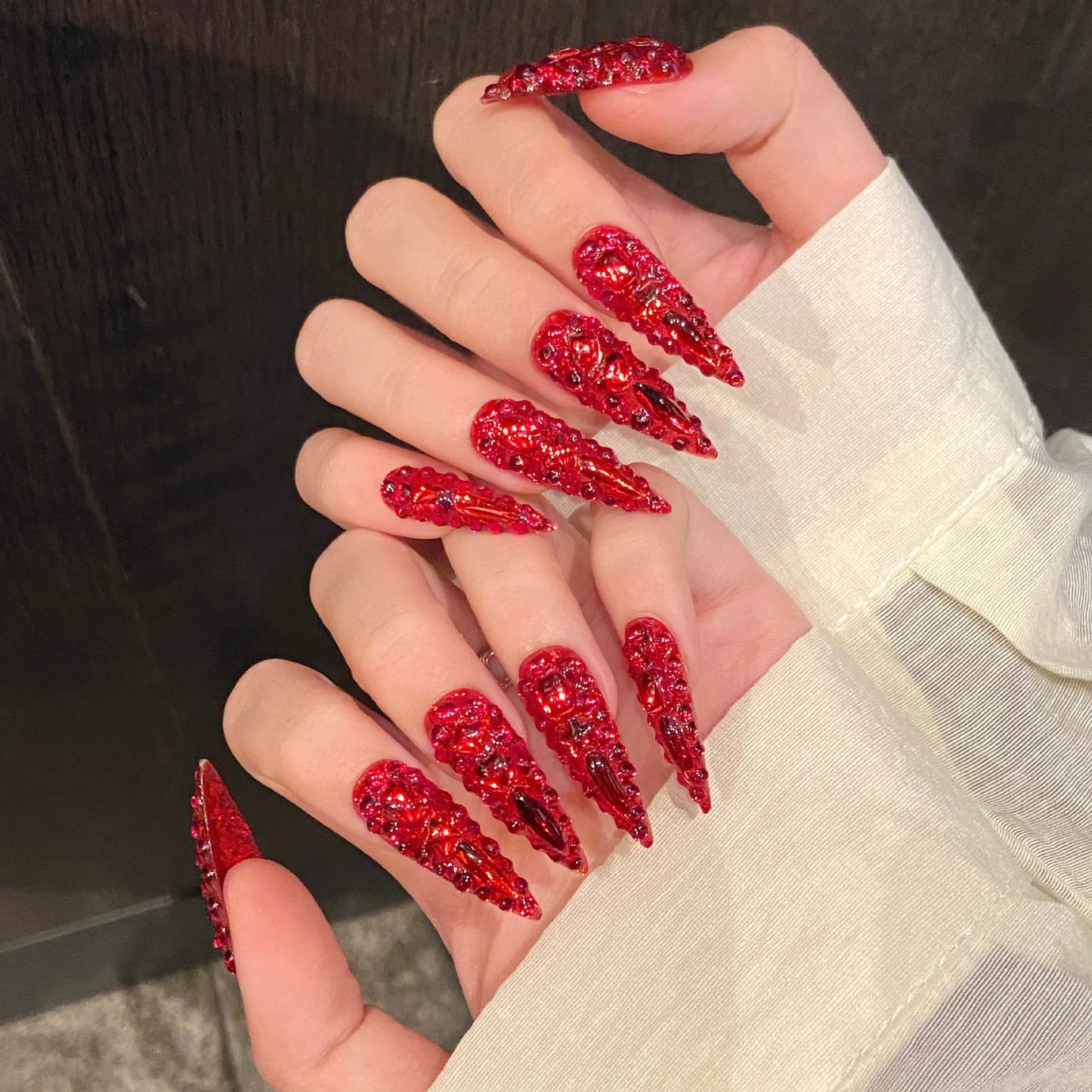 10pcs Stilettos Handmade Press on Nails Tip Diamond Design Full Cover Nail Fashion Red Glitter Fake Nail Art Reusable False Nail