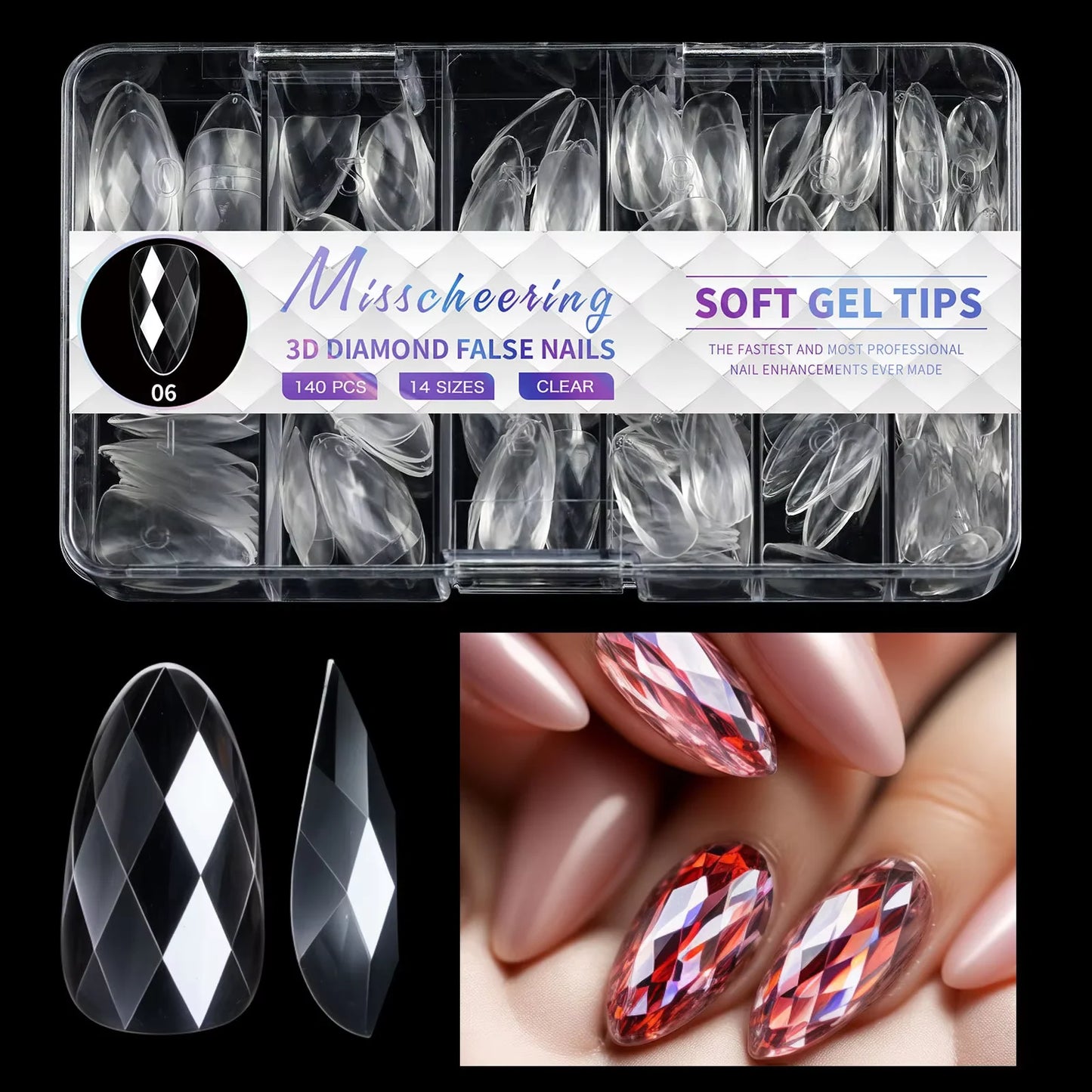 Diamond Shaped 3D Almond Nails Transparent Non-marking Frosted Square Oval Wearable Full Cover Ballet Press Fake Nail Manicure