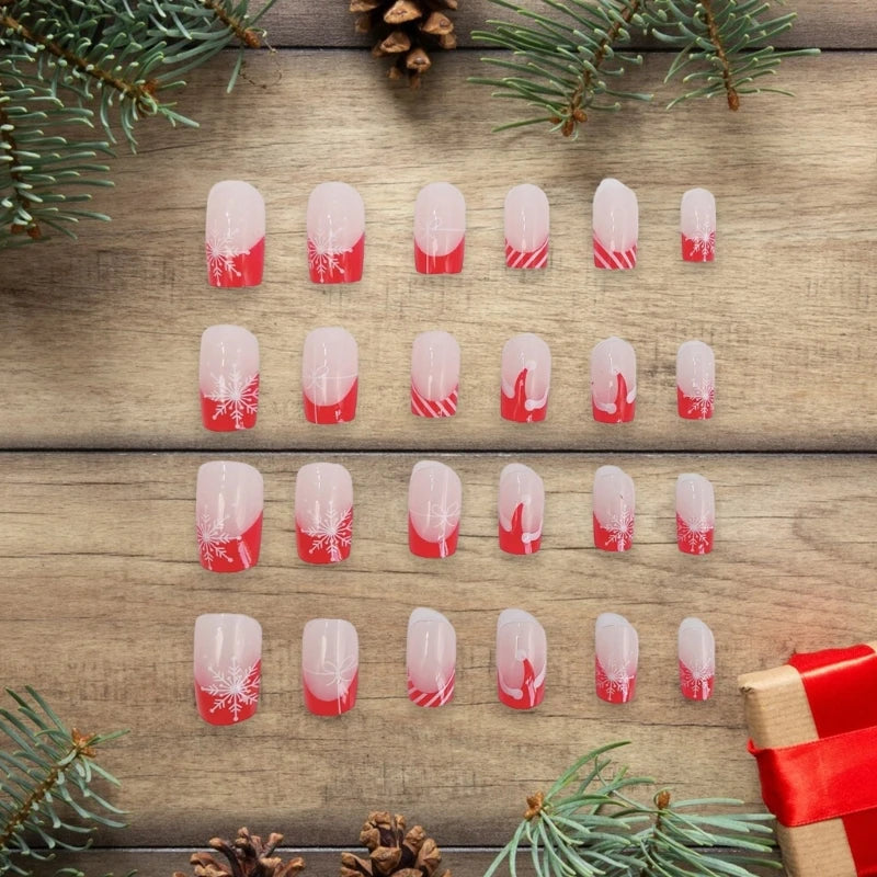 Christmas Press on Nails Medium Square False Nails French Tip Nail Stick on Nails with Snowflake Acrylic Nail