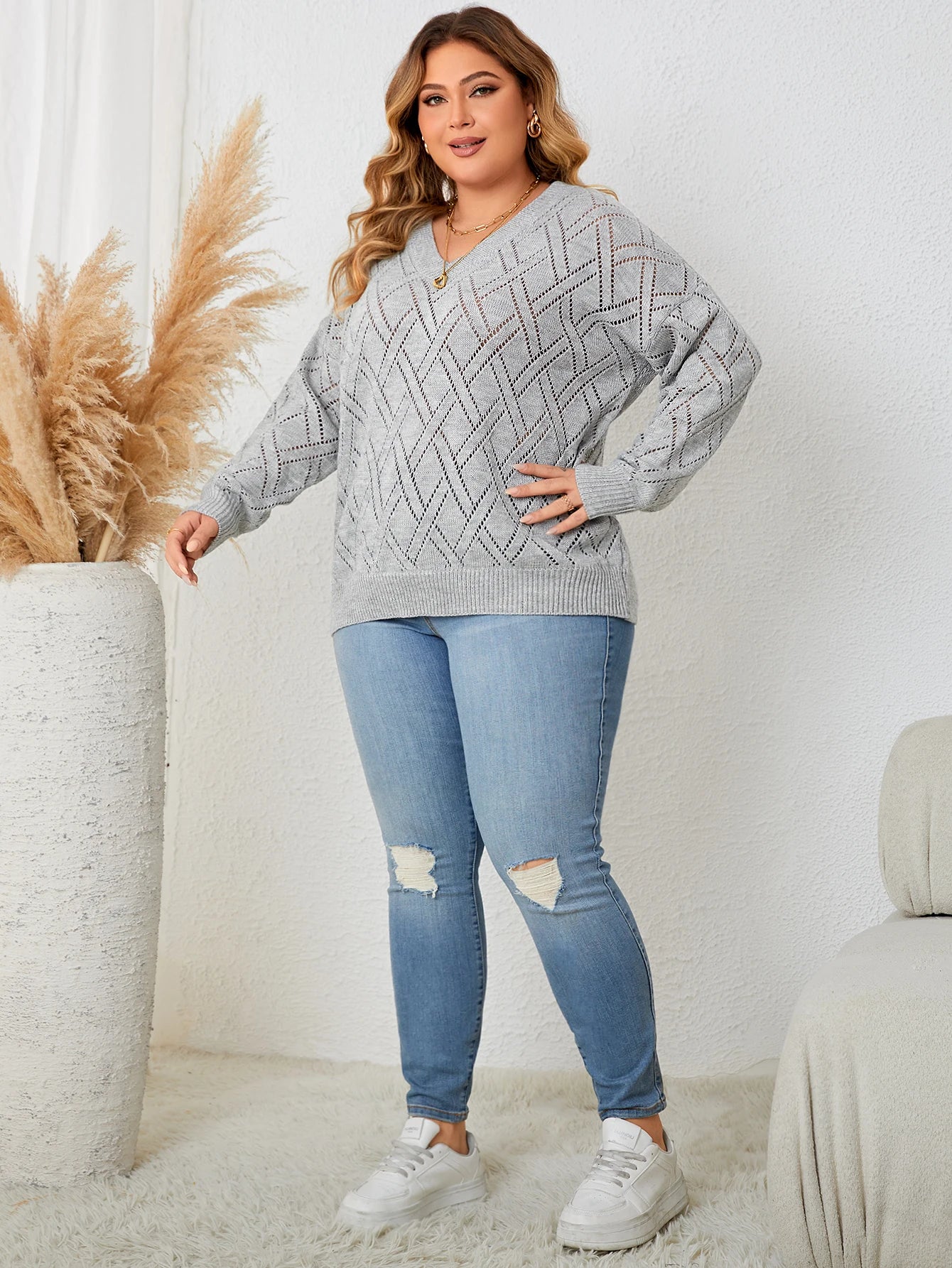 Spring Autumn Fashion Casual Knitting Top Gray Long Sleeve V Neck