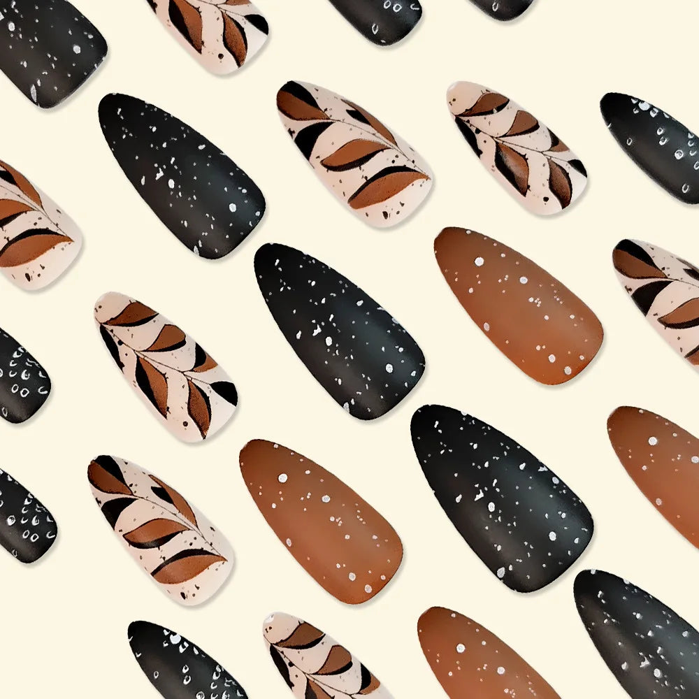 24pcs Short Almond Press On Nails With Leaf Design French Tip Fake Nails Autumn Winte Full Cover False Nails For Women Girls