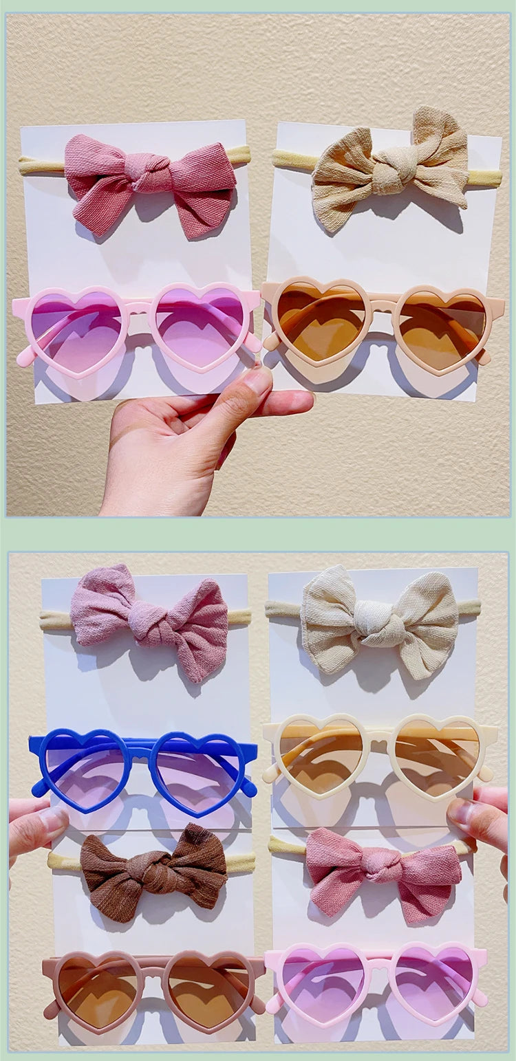 2 Pcs/Set New Girls Lovely Solid Color Cotton Bowknot Hairband Heart Shape Outdoor With Sunglasses