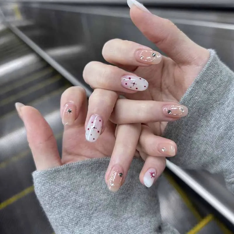 10Pcs Blue Brown Retro Leopard Print Press on Nails Almond Shaped Polka Dot  with Drill Gentle and Fresh Nail Patch False Nails