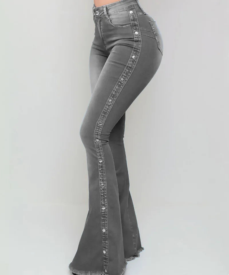 Jeans High Waist Strecth Denim Flare Pants Women Vintage Trousers Buttons Denims Streetwear 2024 Autumn Female Floor Length