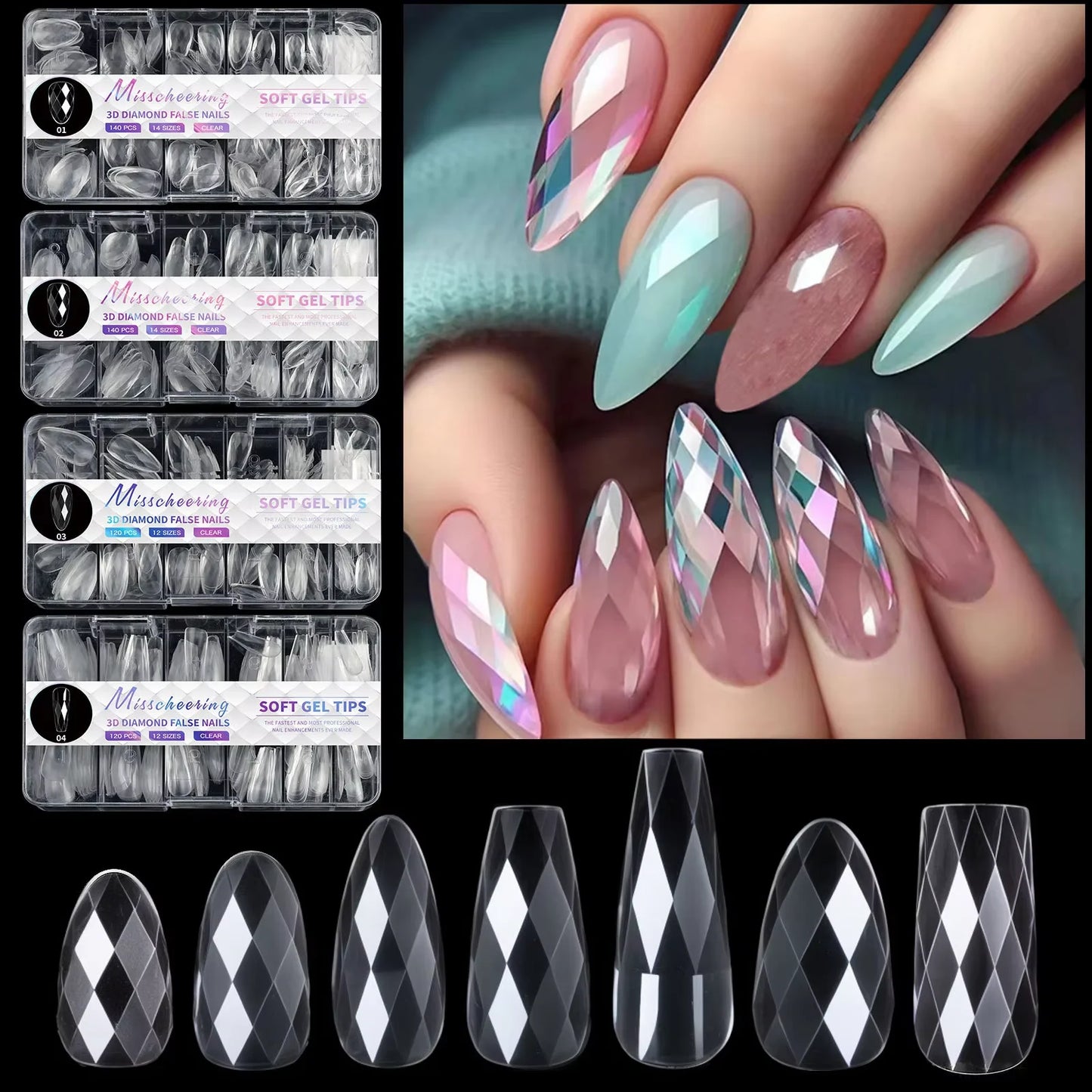 Diamond Shaped 3D Almond Nails Transparent Non-marking Frosted Square Oval Wearable Full Cover Ballet Press Fake Nail Manicure