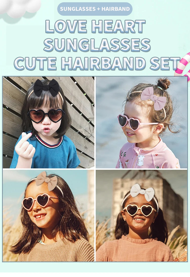 2 Pcs/Set New Girls Lovely Solid Color Cotton Bowknot Hairband Heart Shape Outdoor With Sunglasses