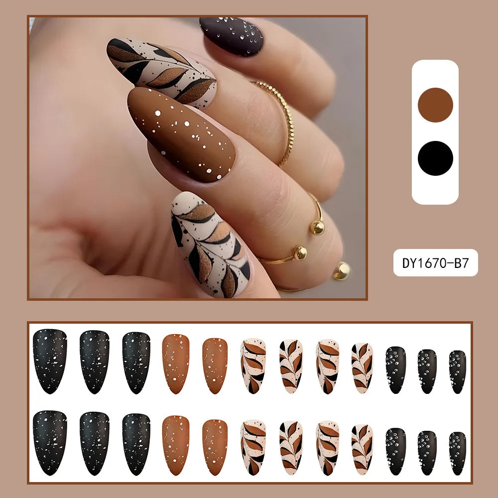24pcs Short Almond Press On Nails With Leaf Design French Tip Fake Nails Autumn Winte Full Cover False Nails For Women Girls