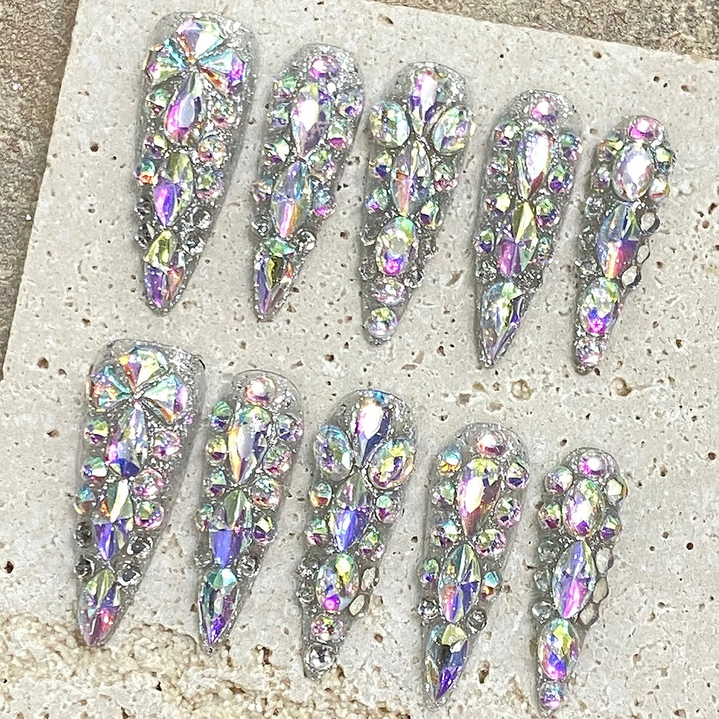 10pcs Super Long Stiletto False Nail Tips Light Luxury Handmade Full Flash Diamond Press On Nails European Wearable Fake Nails