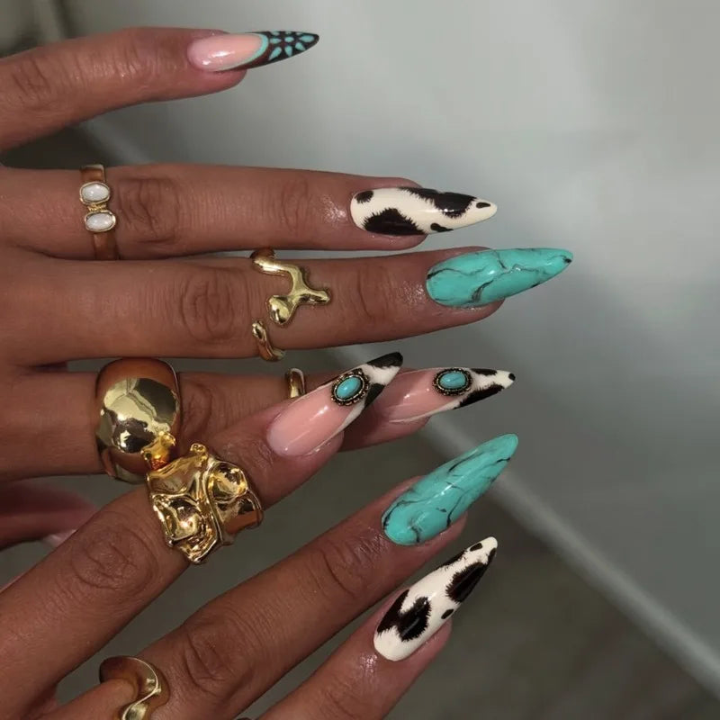 24PCS Stiletto Press on Nails Tips Cyan Ink Stripe Emerald French Fake Nails Sweet Cool False Nails Women Wearable Manicure Art