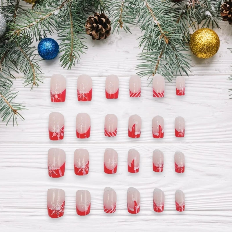 Christmas Press on Nails Medium Square False Nails French Tip Nail Stick on Nails with Snowflake Acrylic Nail