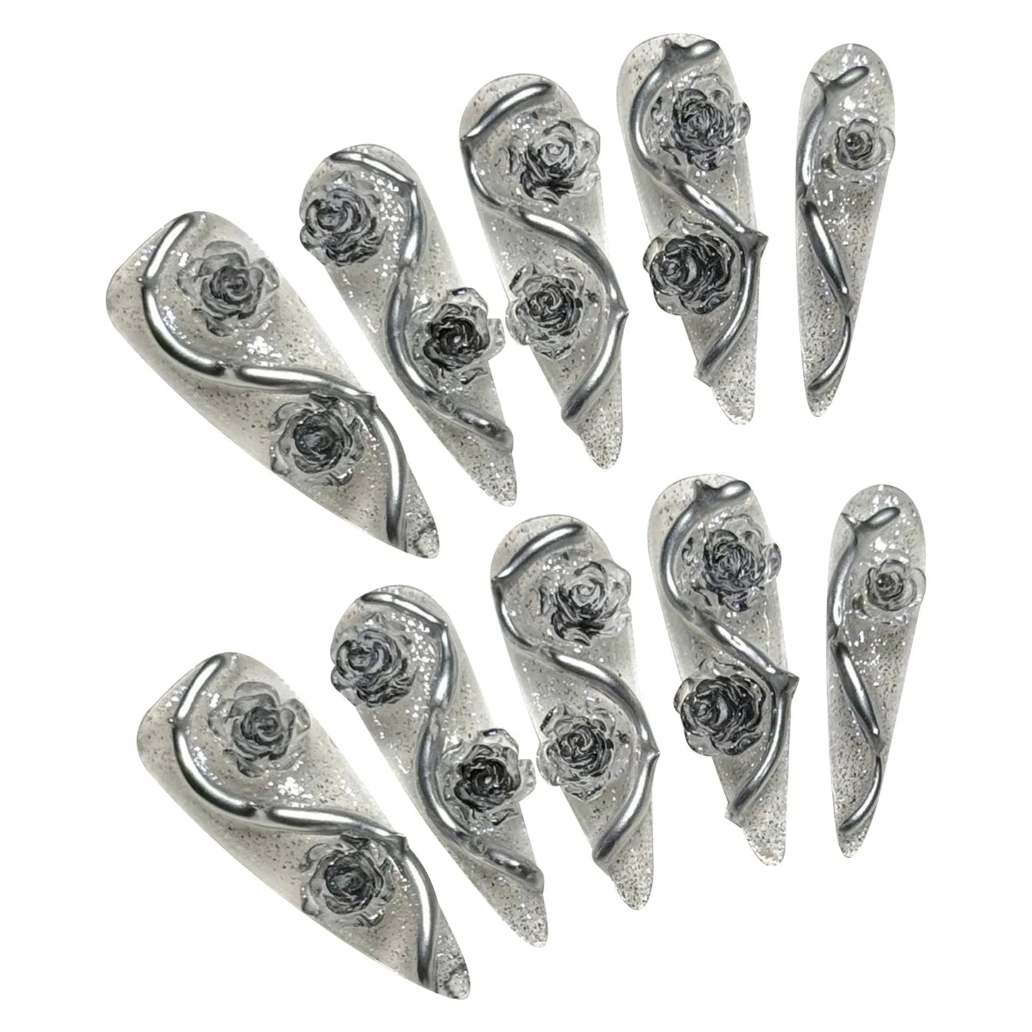 10pcs Long Stiletto Press On Nails Handmade 3D Sliver Rose Flower Decor False Nail Tips Transparent Sequins Removable Fake Nails