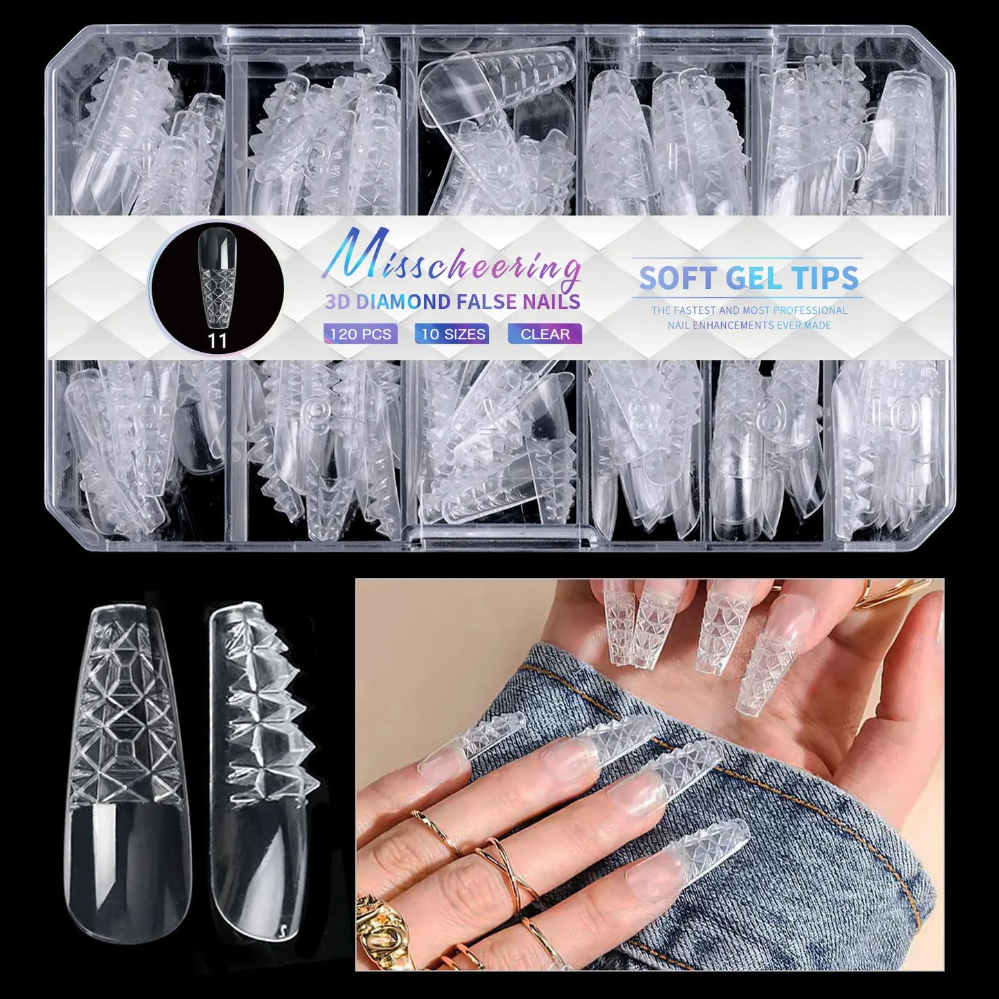 Diamond Shaped 3D Almond Nails Transparent Non-marking Frosted Square Oval Wearable Full Cover Ballet Press Fake Nail Manicure