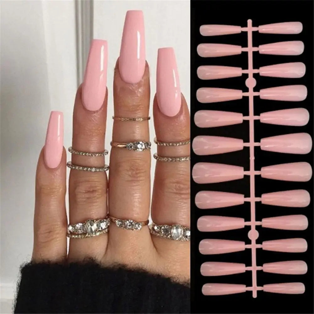24Pcs Press On Nails Long Stiletto False Nails With Glue Pink Butterfly Cloud Rhinestones Design Acrylic Fake Nail Detachable