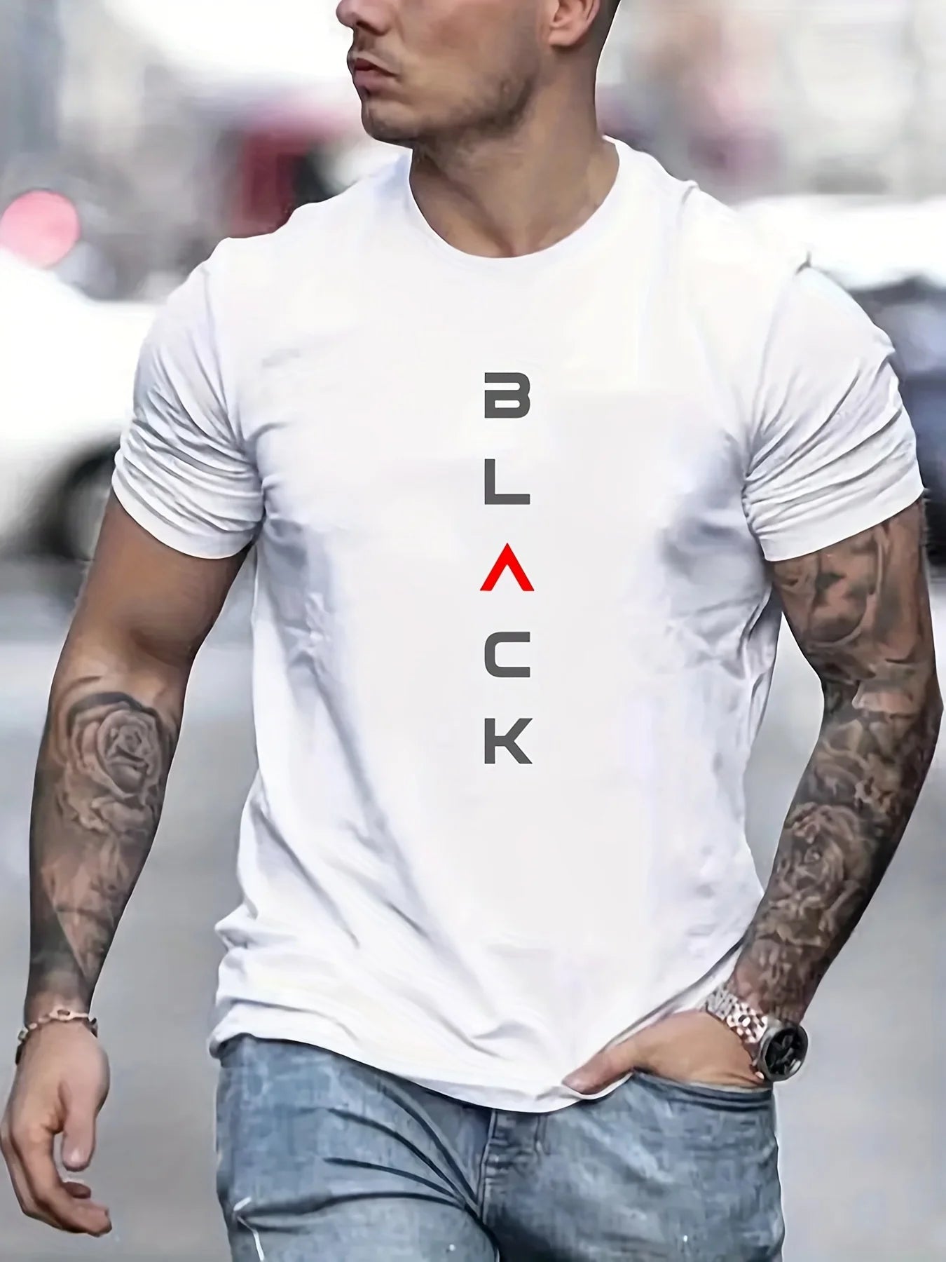 Men's Loose Size 100% Cotton Black Print Round Neck Short Sleeve T-shirt
