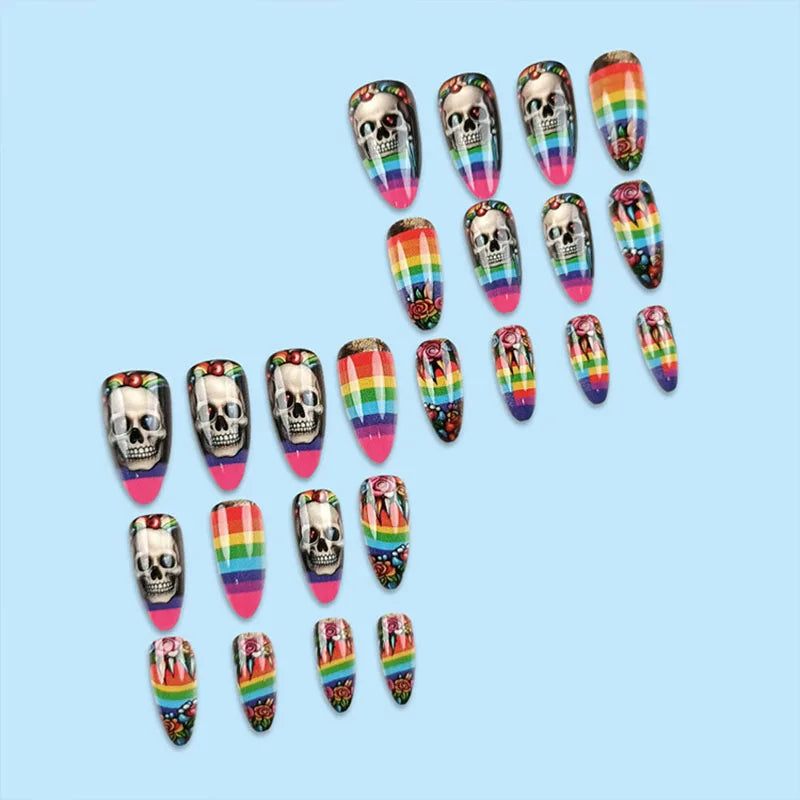24Pcs Long Almond Press on Nails - Halloween Design with Rainbow Stripes, White Grinning Skull and Colorful Flowers