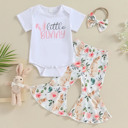 Floral Toddler Girl Spring 3-Piece Set With Ruffle Pants and Matching Headband