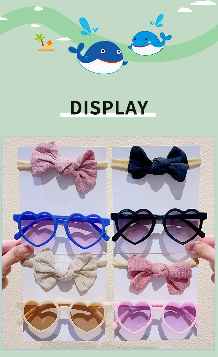 2 Pcs/Set New Girls Lovely Solid Color Cotton Bowknot Hairband Heart Shape Outdoor With Sunglasses