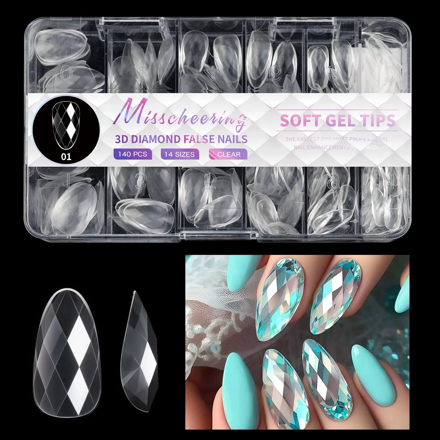 Diamond Shaped 3D Almond Nails Transparent Non-marking Frosted Square Oval Wearable Full Cover Ballet Press Fake Nail Manicure