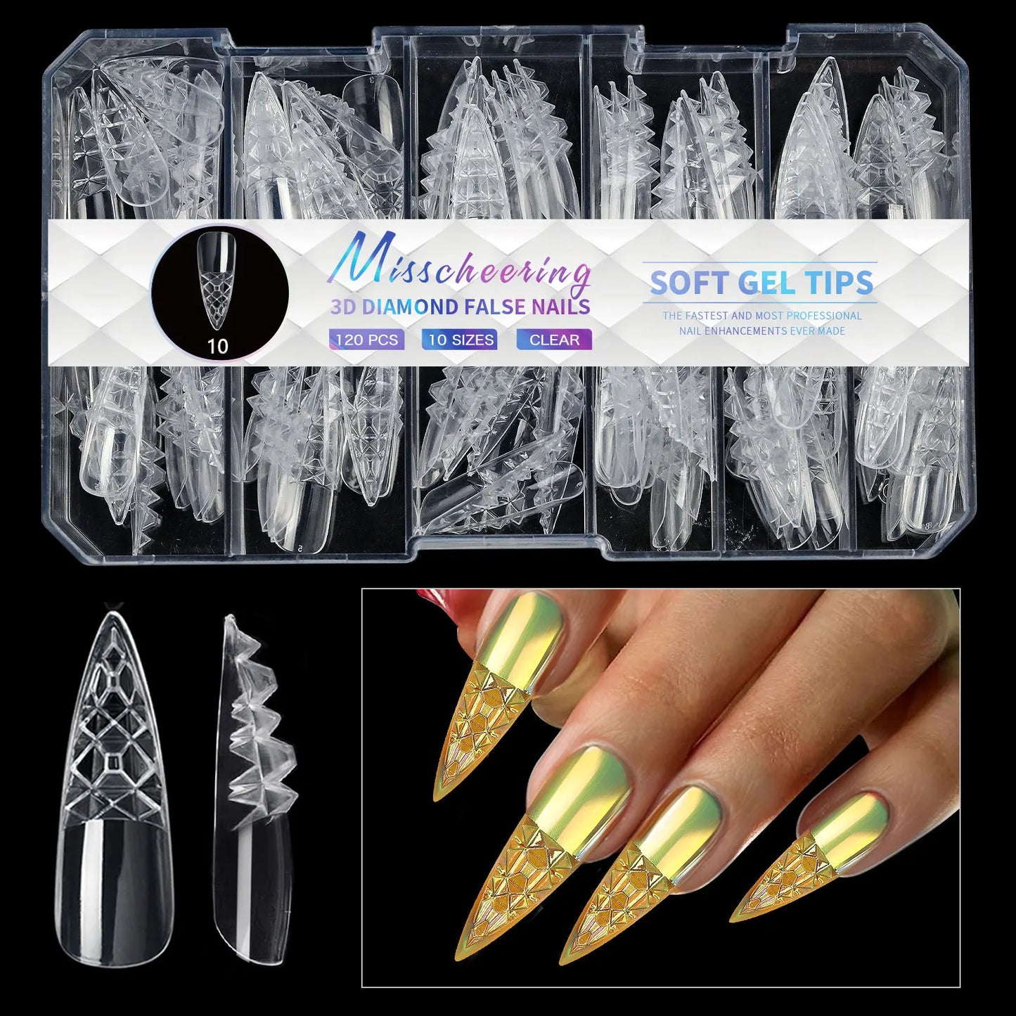 Diamond Shaped 3D Almond Nails Transparent Non-marking Frosted Square Oval Wearable Full Cover Ballet Press Fake Nail Manicure