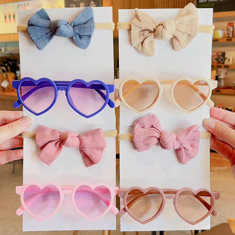 2 Pcs/Set New Girls Lovely Solid Color Cotton Bowknot Hairband Heart Shape Outdoor With Sunglasses