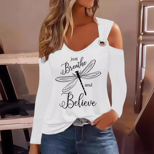 Spring Autumn Casual Print T-Shirt For Women 2024 Sexy Off Shoulder V-neck Long Sleeve T Shirts Top Fashion Street Tops Female