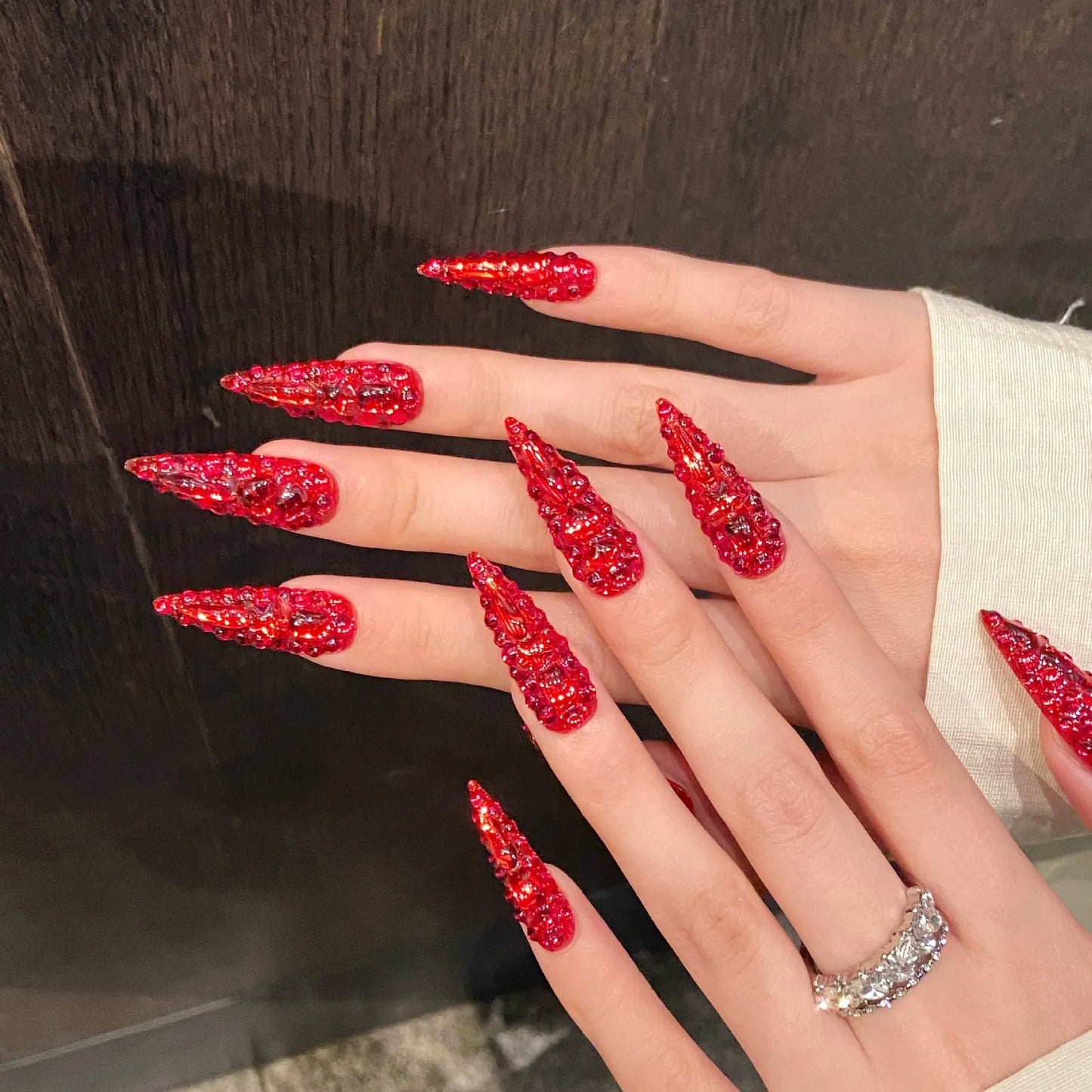 10pcs Stilettos Handmade Press on Nails Tip Diamond Design Full Cover Nail Fashion Red Glitter Fake Nail Art Reusable False Nail