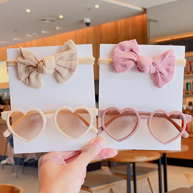 2 Pcs/Set New Girls Lovely Solid Color Cotton Bowknot Hairband Heart Shape Outdoor With Sunglasses
