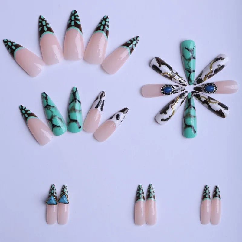 24PCS Stiletto Press on Nails Tips Cyan Ink Stripe Emerald French Fake Nails Sweet Cool False Nails Women Wearable Manicure Art