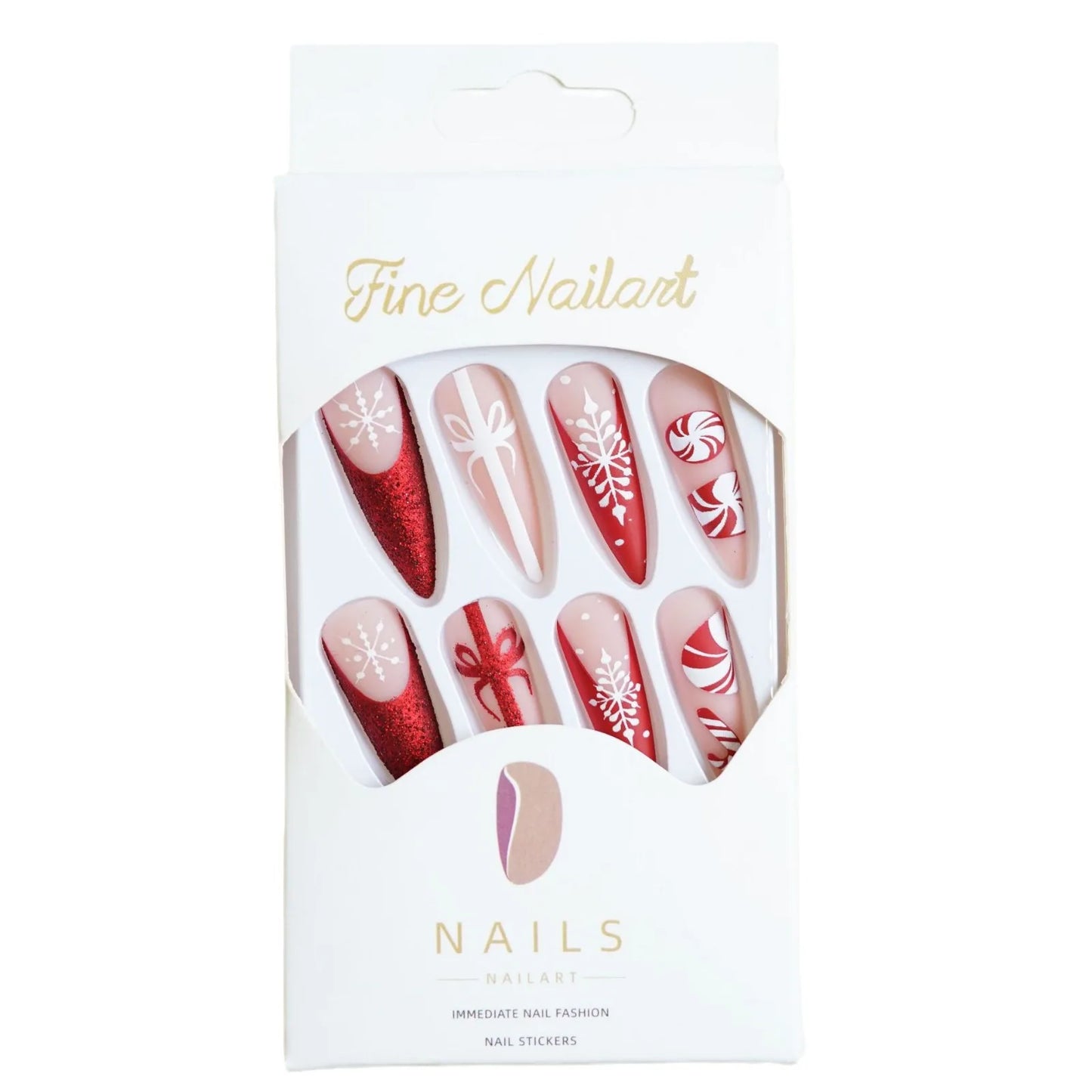 24pcs Christmas Fake Nails Long Stiletto Press On Acrylic Nails Almond Glitter Red French False Nails White Snowflake Wearable