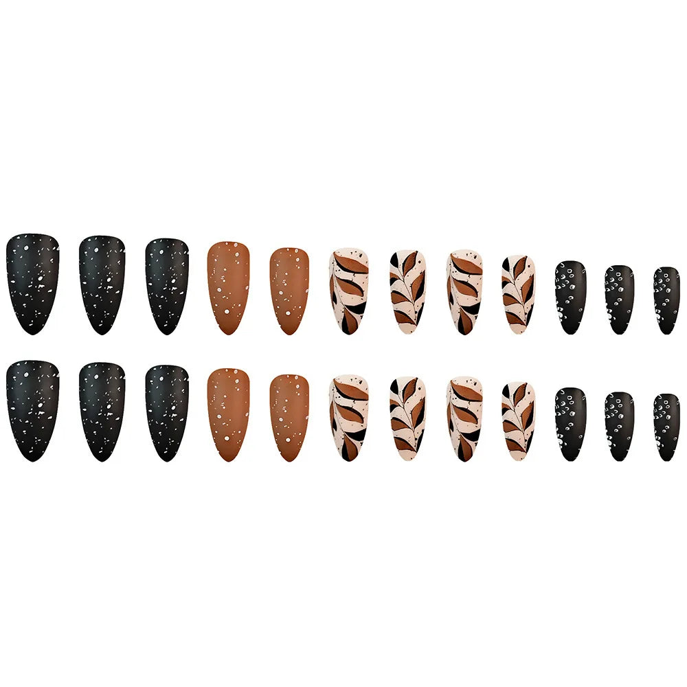 24pcs Short Almond Press On Nails With Leaf Design French Tip Fake Nails Autumn Winte Full Cover False Nails For Women Girls