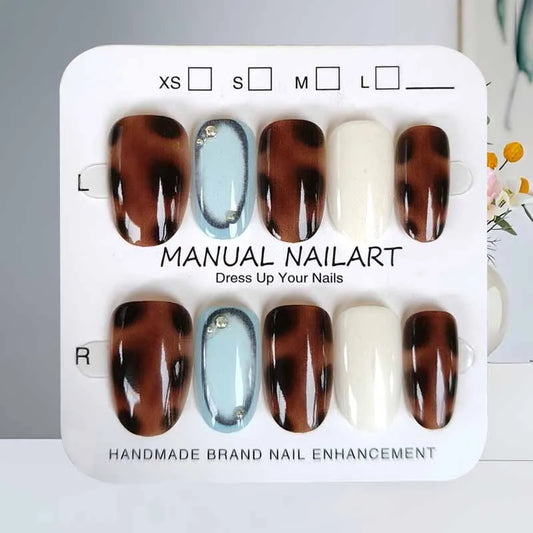 10Pcs Blue Brown Retro Leopard Print Press on Nails Almond Shaped Polka Dot  with Drill Gentle and Fresh Nail Patch False Nails