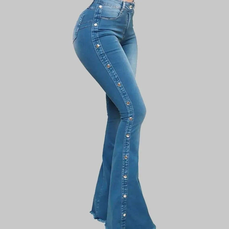 Jeans High Waist Strecth Denim Flare Pants Women Vintage Trousers Buttons Denims Streetwear 2024 Autumn Female Floor Length
