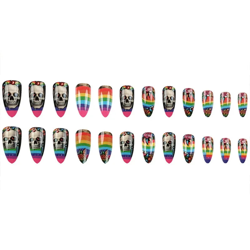24Pcs Long Almond Press on Nails - Halloween Design with Rainbow Stripes, White Grinning Skull and Colorful Flowers