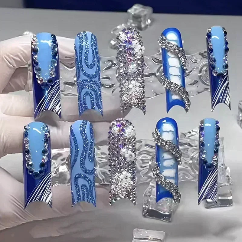 10PCS Handmade 5CM Long Stiletto Press On Nails Flower  Acrylic False Nails Tips Red Fake Nail With Glue Stickers Nail Supplies