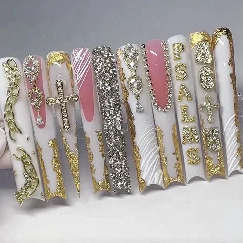 10PCS Handmade 5CM Long Stiletto Press On Nails Flower  Acrylic False Nails Tips Red Fake Nail With Glue Stickers Nail Supplies