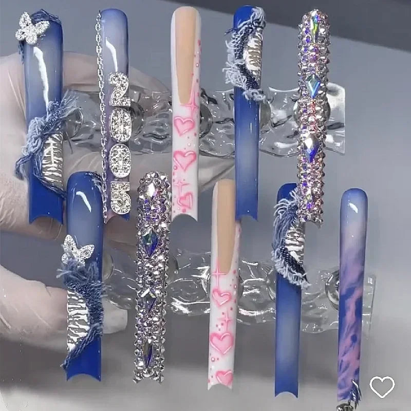 10PCS Handmade 5CM Long Stiletto Press On Nails Flower  Acrylic False Nails Tips Red Fake Nail With Glue Stickers Nail Supplies