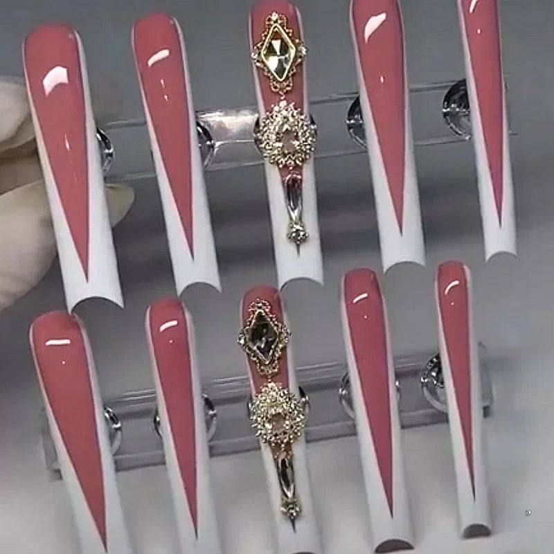 10PCS Handmade 5CM Long Stiletto Press On Nails Flower  Acrylic False Nails Tips Red Fake Nail With Glue Stickers Nail Supplies