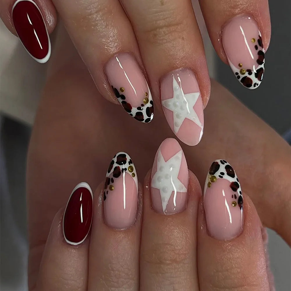 24PCS  Almond Shape Fake Nails Leopard Print French Edge Press on Nails Ins Style High Quality Wearable Nails Elegant Manicure