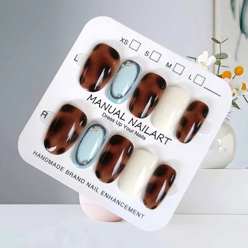 10Pcs Blue Brown Retro Leopard Print Press on Nails Almond Shaped Polka Dot  with Drill Gentle and Fresh Nail Patch False Nails