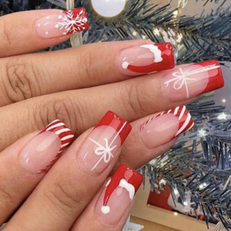 Christmas Press on Nails Medium Square False Nails French Tip Nail Stick on Nails with Snowflake Acrylic Nail