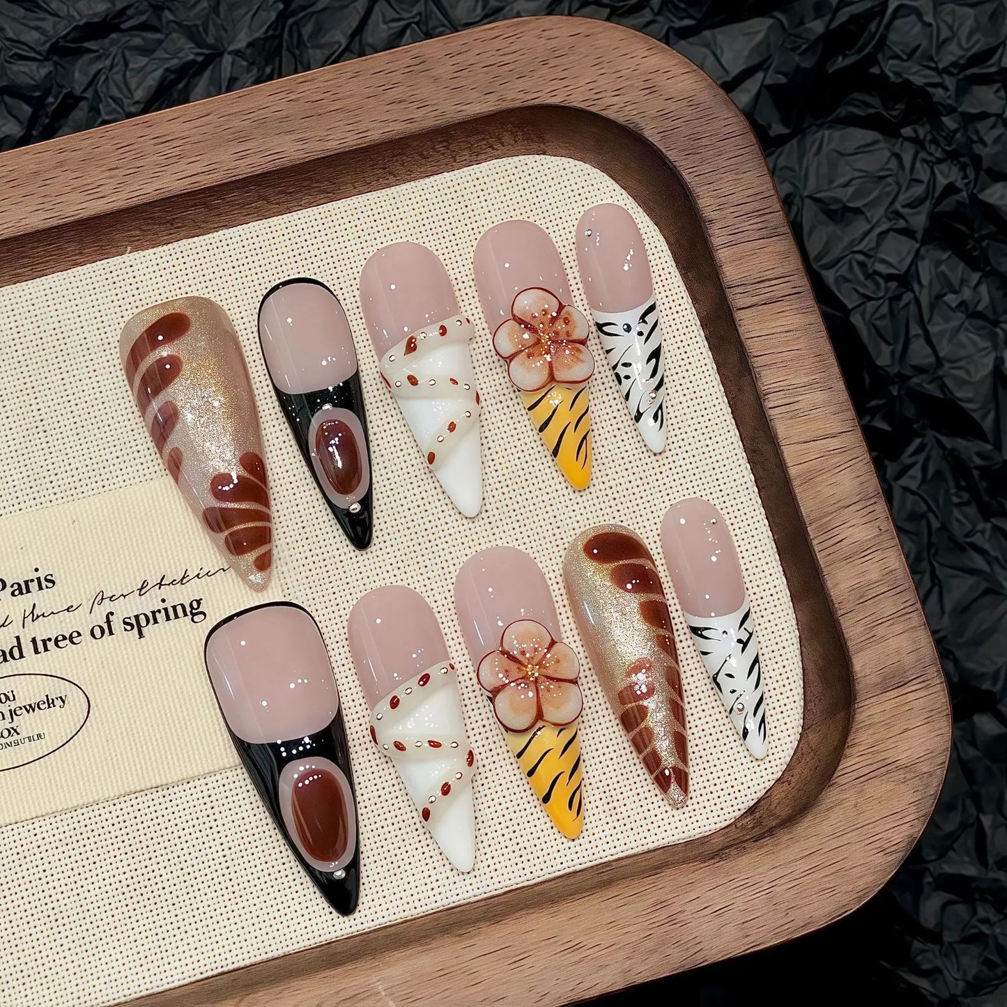 10pcs Long Stiletto Press On Nails Handmade 3D Sliver Rose Flower Decor False Nail Tips Transparent Sequins Removable Fake Nails