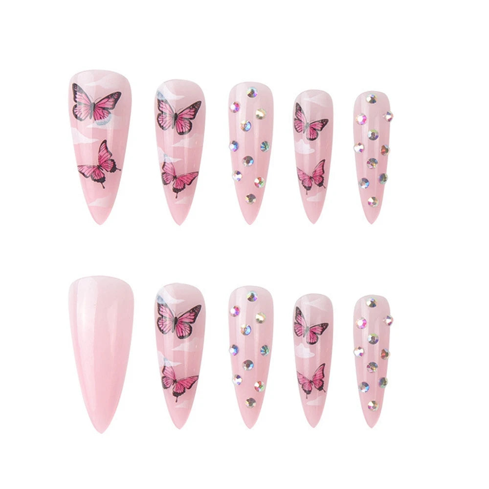 24Pcs Press On Nails Long Stiletto False Nails With Glue Pink Butterfly Cloud Rhinestones Design Acrylic Fake Nail Detachable
