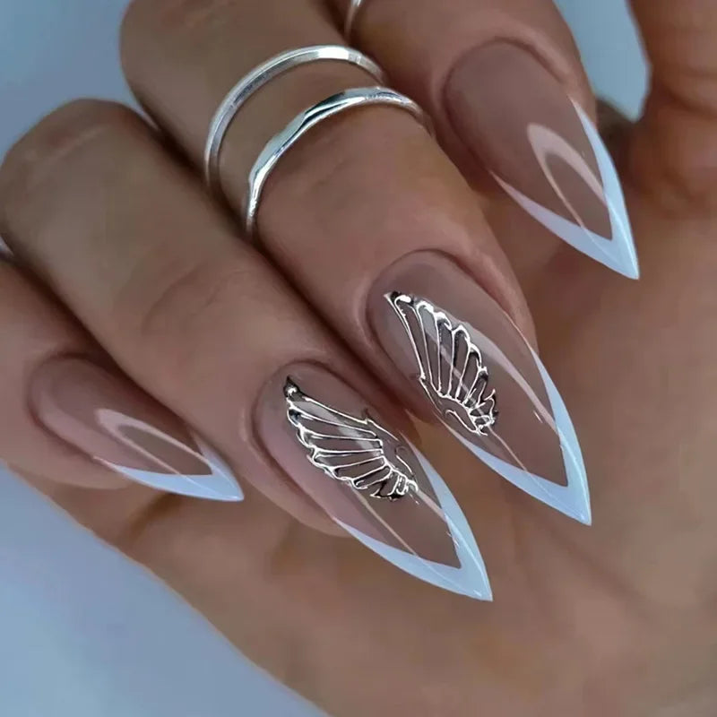 24Pcs Black Almond False Nails with Glue